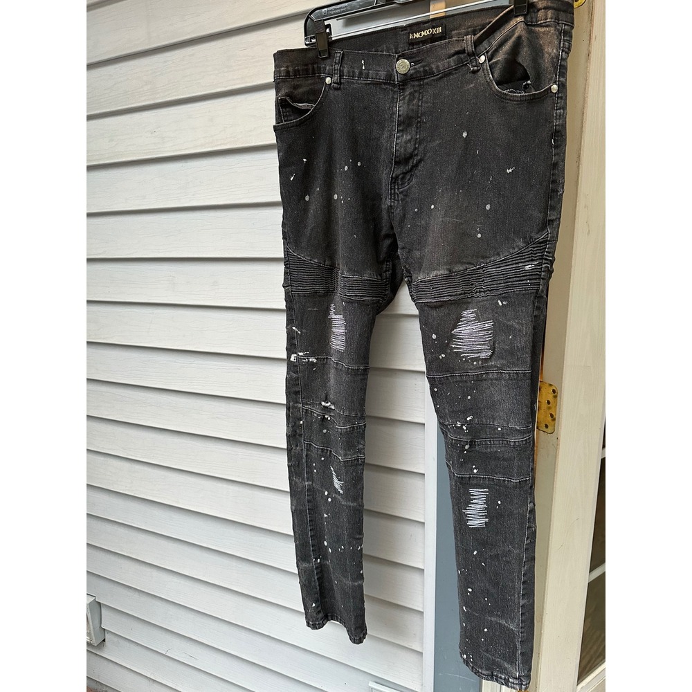 Red Ape MCMXXXIII Mens Biker Jeans Black Paint Splatter Distressed Moto 36x32